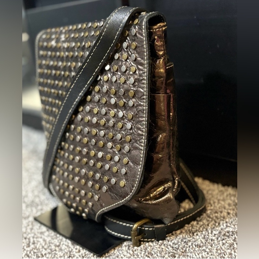 Patricia Nash Studded Metallic Bronze Italian Leather Crossbody Bag - Picture 4 of 13